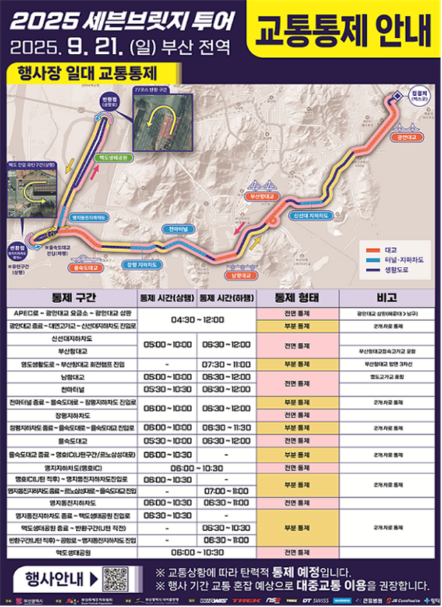 오는 21일 부산 전역에서 열리는 '2025 세븐브릿지 투어' 관련 교통 통제 구간 안내. 구간별로 오전 4시 30분부터 정오 사이에 탄력적으로 통제된다. 부산시 제공