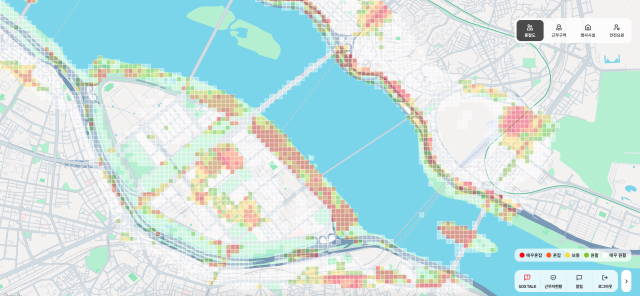 통신사 데이터를 기반으로 혼잡도를 시각화한 스마트 안전관리 시스템 ‘오렌지세이프티’. 한화 제공