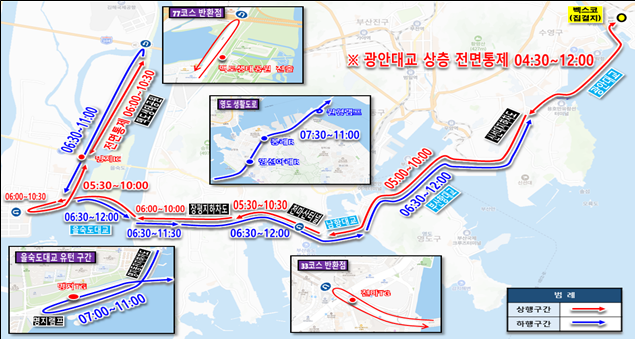21일 2025 '세븐브릿지 투어' 개최를 위해 부산 4개 해상교량과 3개 터널·지하차도 등의 교통이 통제된다. 통제 구간과 통제 시간 안내도. 부산시 제공