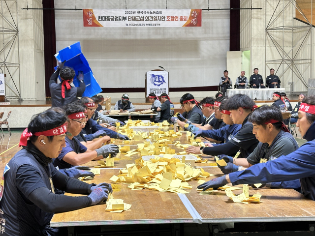 HD현대중공업 노조가 19일 울산 본사 사내체육관에서 올해 임금협약 2차 잠정합의안에 대한 조합원 찬반 투표를 마치고 개표 작업을 하고 있다. 금속노조 현대중공업지부 제공