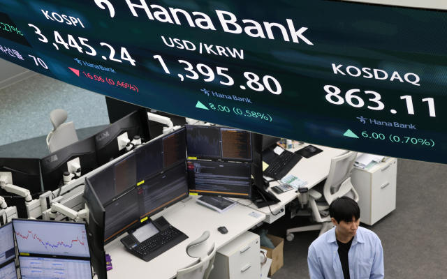 19일 오후 서울 중구 하나은행 본점 딜링룸 현황판에 코스피가 표시돼 있다. 연합뉴스