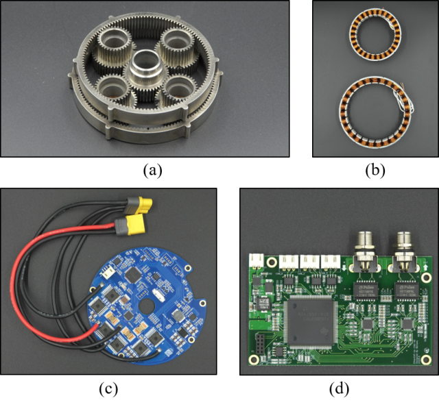 직접 개발된 로봇의 주요 구성 요소: (a)감속기, (b)모터 스테이터, (c)모터 드라이버, (d) EtherCAT-CAN convert board. KAIST 제공