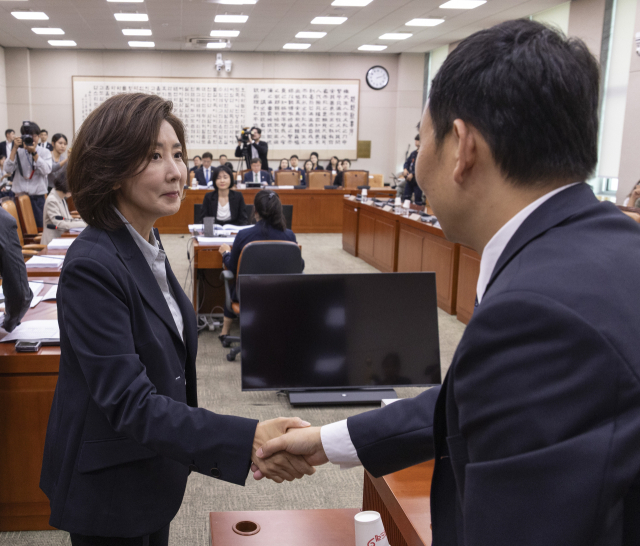 국민의힘 나경원(왼쪽) 의원과 국회 법제사법위원회 제1소위 위원장인 더불어민주당 김용민 의원이 23일 국회에서 열린 법사위 법안심사 1소위 개회에 앞서 악수하고 있다. 연합뉴스