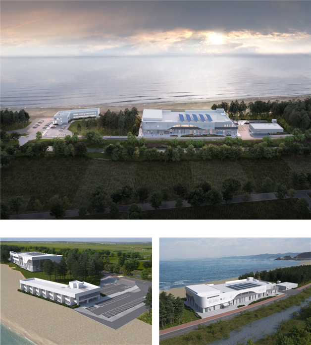 국립해양생물종복원센터 조감도. (위부터 시계방향) 조감도, 본관동, 기숙사동. 해수부 제공