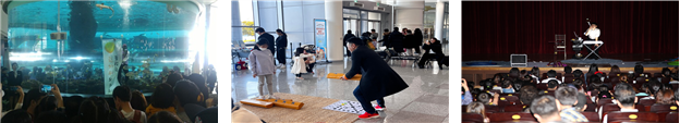 부산 국립해양박물관에서의 추석 맞이 해양문화행사. (왼쪽부터) 한복 다이버 피딩쇼, 민속놀이 체험, 마술공연. 해수부 제공