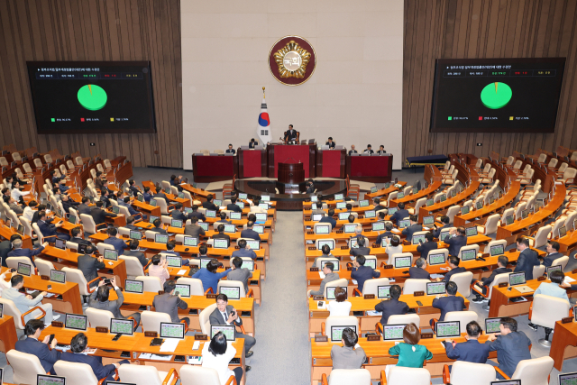 지난 26일 서울 여의도 국회 본회의에서 정부조직법 일부개정법률안에 대한 수정안이 통과되고 있다. 연합뉴스
