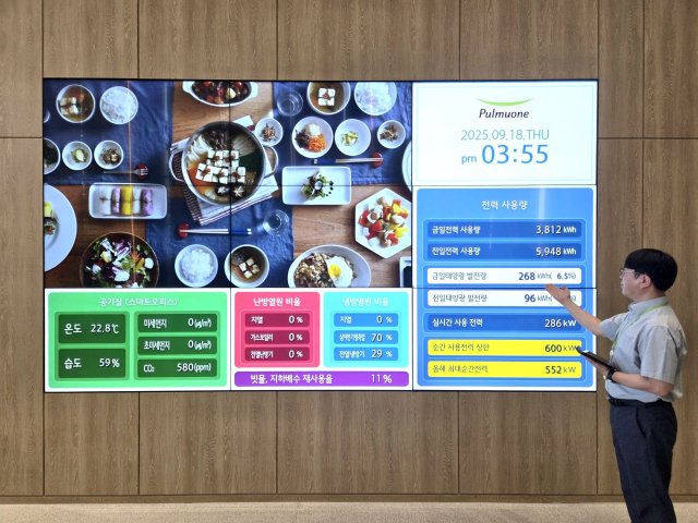 풀무원기술원 담당자가 기술원 로비에 설치된 에너지 사용 현황판을 소개하고 있다. LG전자 제공