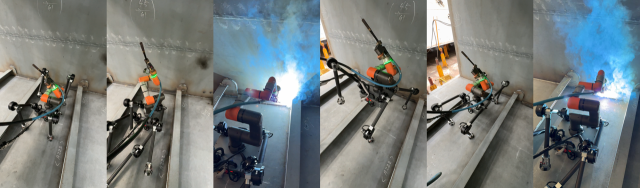 ‘디든(DIDEN) 30’ 로봇의 판매계약을 체결한 삼성중공업과 공동으로 수행한 외부철판(론지) 극복 및 용접 테스트. KAIST 제공