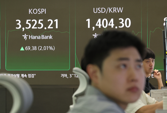 코스피가 장중 3500선을 돌파한 2일 서울 중구 하나은행 딜링룸에서 딜러들이 모니터를 주시하고 있다. 연합뉴스