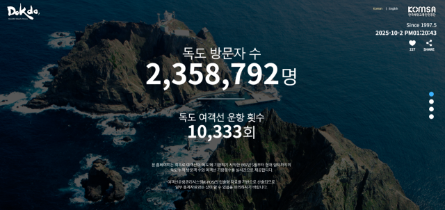 한국해양교통안전공단(KOMSA)이 운영하는 독도 방문객 수 및 독도 여객선 운항 횟수 안내 누리집 첫 화면(지난 10월 2일 기준). KOMSA 제공