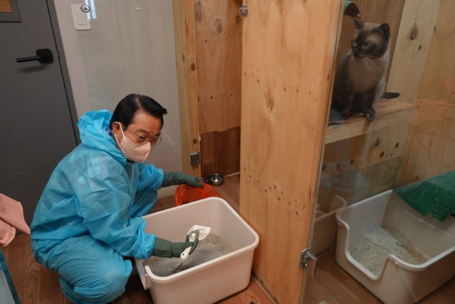 안병길 한국해양진흥공사 사장과 임직원들이 지난 2일 부산 동부유기동물보호협회에서 보호소 청소 봉사활동을 펼치고 있다. 해진공 제공