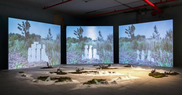 제2회 신진 작가 아트쇼 ‘부산 커넥티드’에서 우승한 '루미네아' 팀 설치 작품 '소멸한 풍경의 기억, 틈에서 피어나는 빛'. 3채널 비디오, 레진, 크롬피그먼트, 이끼, 석화가루 등으로 이뤄졌다. AML 제공