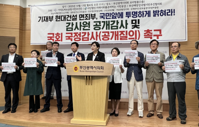 가덕도허브공항시민추진단 등 시민단체들이 13일 오전 부산시의회 브리핑룸에서 이날 국정감사에서 가덕신공항 공사와 관련해 현대건설의 책임을 물을 것을 촉구하는 기자회견을 하고 있다. 가덕도허브공항시민추진단 제공