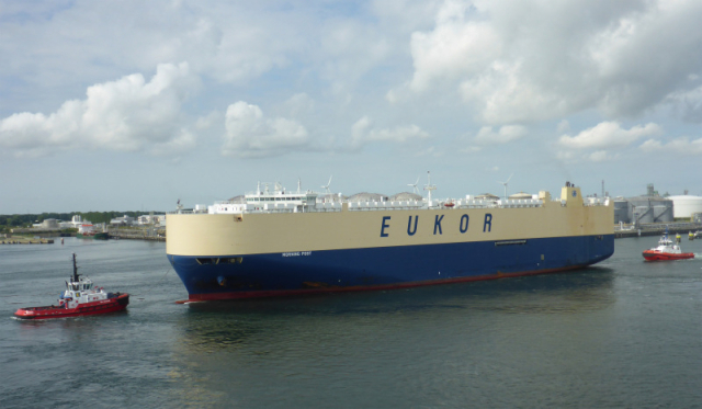 ESG 연계 대출 보증 대상 유코카캐리어스 자동차운반선 3척 중 1척 모닝 포스트(MORNING POST)호의 모습. 해양진흥공사 제공