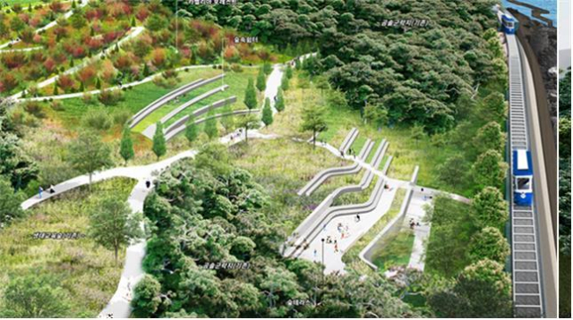 부산시는 14일 오후 3시 부산 해운대구 중동 달맞이공원 조성 예정지에서 기공식을 연다고 이날 밝혔다. 달맞이공원 내 웰니스 공간 구성안. 부산시 제공