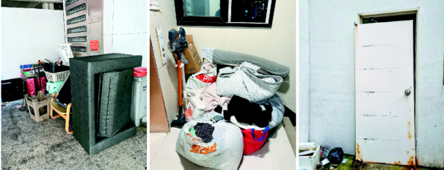 부산 동래구 온천동 A 오피스텔 입구와 복도에 생활 쓰레기가 무단으로 버려져있는 모습(왼쪽과 가운데). 옥상으로 이어지는 철제 문도 녹슬고 파손된 상태로 방치됐다. 독자 제공