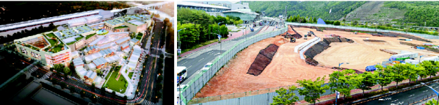 롯데울산개발이 제안한 KTX울산역 복합환승센터의 조감도(왼쪽)와 지난 2023년 터파기 공사가 진행 중이던 공사 현장의 모습. 당시 3%에 불과했던 공정률은 1년 반 가까운 시간이 지났지만 10%를 겨우 넘어섰다. 부산일보DB·울산도시공사