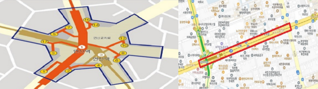부산시가 현수막 없는 청정 거리를 16개 구·군 전역에 확대 운영한다. 연제구 연산교차로(왼쪽)와 북구 덕천교차로~숙등교차로 일대 현수막 없는 청정거리 구간. 부산시 제공