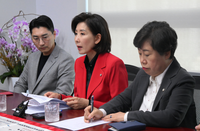 국회 법제사법위원인 국민의힘 나경원 의원이 19일 서울 여의도 국회 의원회관에서 '추미애 방지법'과 '김현지 방지법' 관련 기자간담회를 하고 있다. '추미애 방지법'은 교섭단체의 간사 추천권을 법적으로 보장하고 상임위원장의 질서유지권 남용을 제한하는 내용이 골자다. '김현지 방지법'은 위원회 재적위원 3분의 1 이상이 서면으로 증인 출석을 요구하면 다수결 의결 없이 자동으로 증인 채택이 이뤄지도록 하는 내용이 담겼다. 왼쪽부터 박준태·나경원·조배숙 의원. 연합뉴스