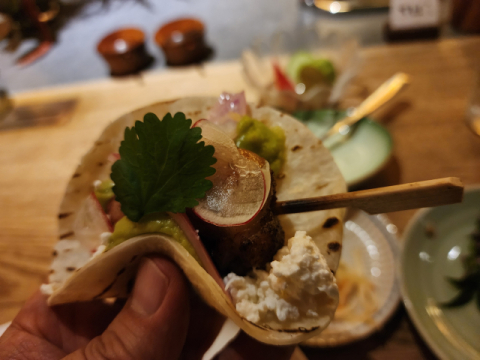 닭다리 살을 올린 야키토리 타코.