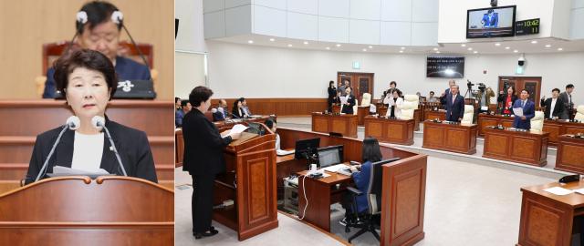 ‘SK오션플랜트 매각 반대 결의안’을 대표발의한 최두임 의원(왼쪽 사진)이 동료 의원들과 함께 결의문을 낭독하고 있다. 의회 사무과 제공