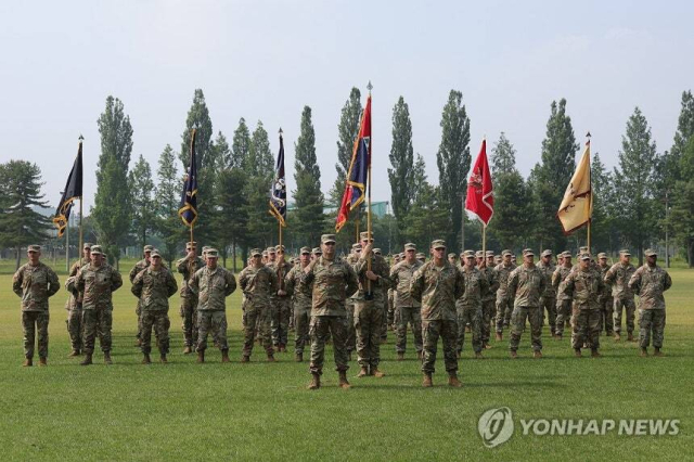 부대기 올린 주한미군 순환배치 여단. 연합뉴스