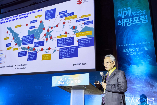 23일 오전 10시께 열린 제19회 세계해양포럼 ‘해양바이오’ 세션 발제자로 나선 이리안토 연구그룹장이 해조류 바이오 산업에 대해 설명하고 있다. WOF 사무국 제공