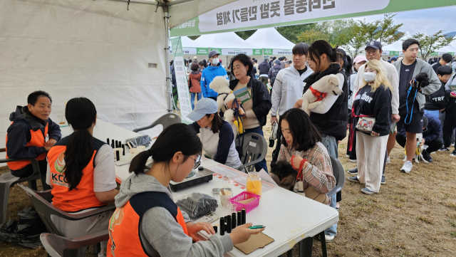 지난달 26일 개최됐던 반려동물 문화축제에 최소 4400여 명이 찾은 것으로 확인됐다. 방문객이 반려동물 풋밤 만들기 체험을 위해 줄을 선 채 기다리고 있다. 김태권 기자김태권 기자