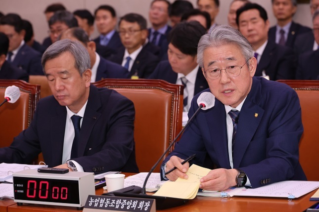 강호동 농업협동조합중앙회 회장이 지난 24일 국회 농림축산식품해양수산위원회에서 열린 국정감사에서 의원 질의에 답하고 있다. 연합뉴스