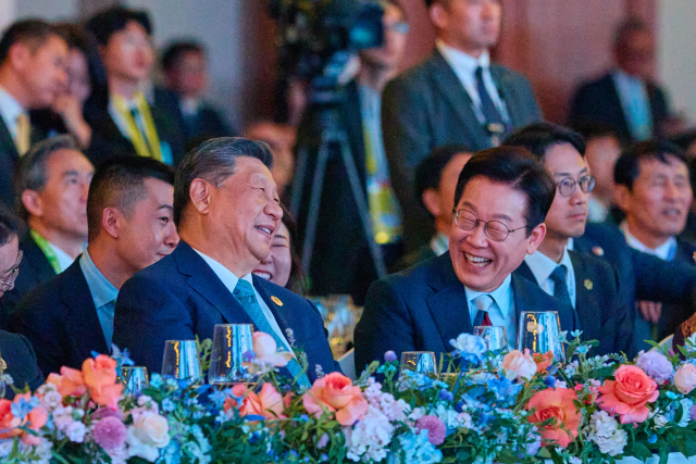 이재명 대통령과 시진핑 중국 국가주석이 지난달 31일 경북 경주시 라한셀렉트호텔에서 열린 2025 아시아태평양경제협력체(APEC) 정상회의 환영 만찬에서 대화를 나누고 있다. 연합뉴스