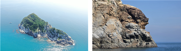 상공에서 내려다 본 작도(드론 촬영, 왼쪽) 및 작도 북쪽의 절벽면에 보이는 얼굴 바위. 해수부 제공