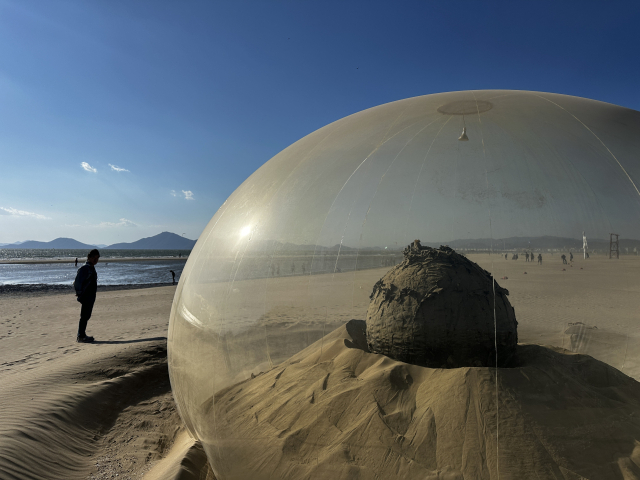 플라스티크 판타스티크의 '폴리미터'. 2일 바다미술제 폐막일이 되자 화석 연료 기반 폴리우레탄 외피와 달리 기장 다시마로 만들어진 내피는 시간의 흐름에 따라 크기가 제법 줄었다. 김은영 기자 key66@