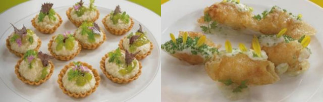 부산시가 개발한 부산 음식(B-푸드) 레시피로 만든 음식. 덕화푸드 명란과 오이를 활용한 핑거푸드(왼쪽)과 삼진어묵으로 만든 타코. 부산시 제공