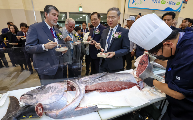 5일 벡스코 부산국제수산엑스포 동원참치 부스에서 내빈들이 참치해체 쇼를 관람하며 해산물을 시식하고 있다. 김종진 기자 kjj1761@