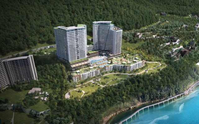 거제 소동 휴양콘도미니엄 조감도. 일운면 소동리 일원 5만 7671㎡에 콘도미니엄 393실과 관광호텔 252실 그리고 연회장 등을 갖춘 부대시설로 밑그림을 그렸다. 거제시 제공