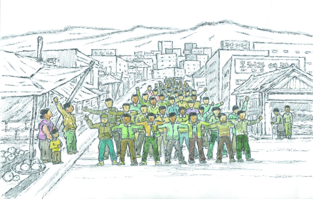 올해 ‘부마민주항쟁 기념기획전’에 출품된 곽영화 작가의 그림. 1979년 부마민주항쟁 시위 장면을 작품으로 표현했다. 호밀밭 제공