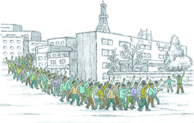 올해 ‘부마민주항쟁 기념기획전’에 출품된 곽영화 작가의 그림. 1979년 부마민주항쟁 시위 장면을 작품으로 표현했다. 호밀밭 제공