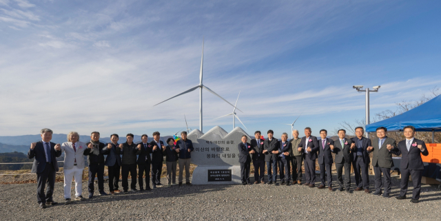 11일 열린 ‘봉화 오미산 풍력발전 준공 기념행사’에 참석한 김준동 한국남부발전 사장(비석 오른편 첫 번째)과 주요 참석자들이 기념석 제막 후, 함께 기념촬영을 하고 있다. 남부발전 제공