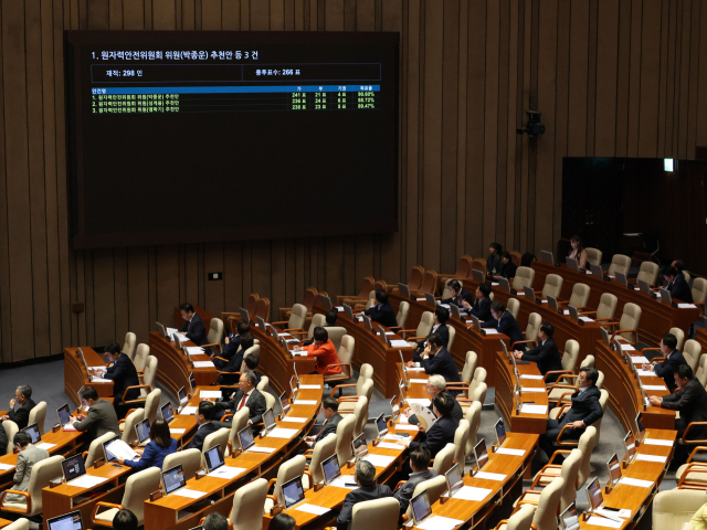 13일 국회 본회의에서 원자력안전위원회 위원(박종운, 성게용, 염학기) 추천안이 가결되고 있다. 연합뉴스
