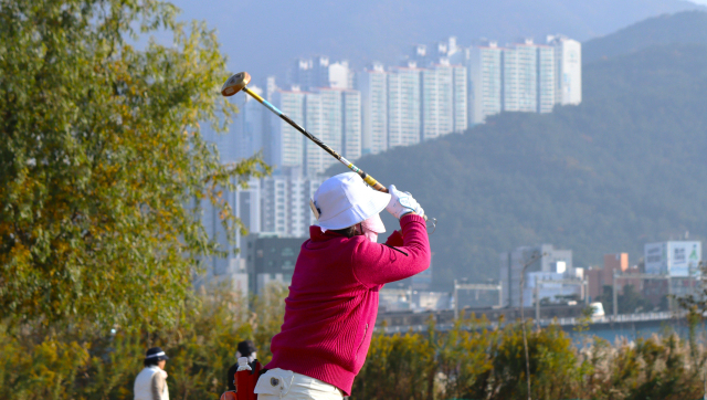 제2회 부산일보 파크골프 여성 참가자가 14일 본선에서 힘찬 티샷을 날리고 있다. 남태우 기자
