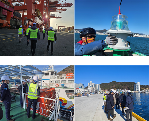 겨울철 재난 대비 해양수산 분야 점검 현장. (좌측 상단부터 시계 방향) 항만 크레인 점검, 항로표지시설 점검, 어항건설현장 점검, 여객선 안전 점검. 해수부 제공