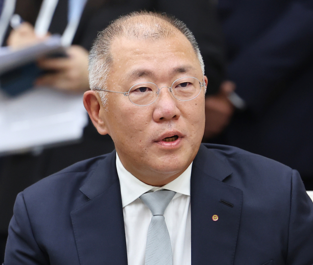 정의선 현대차그룹 회장이 지난달 31일 APEC 정상회의장인 경주화백컨벤션센터에서 진행된 이재명 대통령과 젠슨 황 엔비디아 최고경영자의 면담에 참석해 발언하고 있다. 연합뉴스