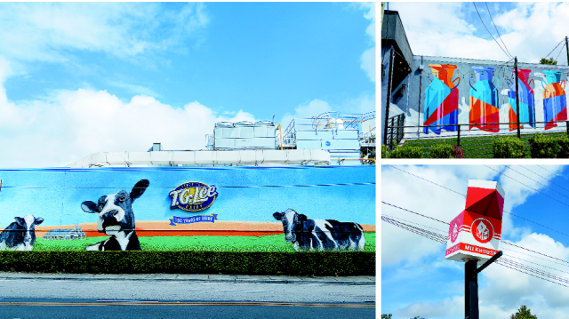 미국 플로리다주 올랜도의 구도심 동쪽에 위치한 밀크 디스트릭트 내 낙농공장(왼쪽)과 거리(오른쪽 위) 모습. 밀크 디스트릭트에는 지역 정체성을 드러내는 벽화와 광고물이 곳곳에 설치돼 있다.