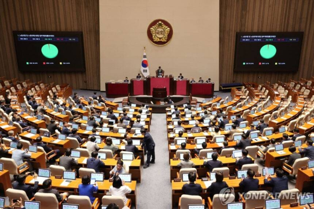 24일 국회 본회의에서 '노동조합 및 노동관계조정법 일부개정법률안(노란봉투법)'이 통과되고 있다.연합뉴스