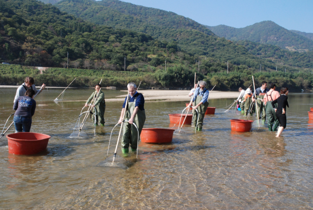 경남 하동군 외국인 재첩잡이 체험 모습. 전통적·친환경 어업 방식으로 2023년 세계중요농업유산에 등재됐다. 하동군 제공