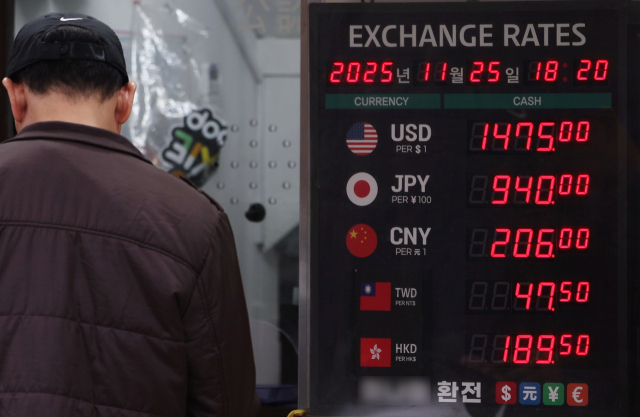 원/달러 환율 1,470원대 중반의 고환율이 이어지는 25일 서울 명동의 환전소에 환율이 표시되어 있다. 원/달러 환율은 미국 금리 인하 기대감이 확산하면서 이날 장 초반 소폭 하락했다. 연합뉴스