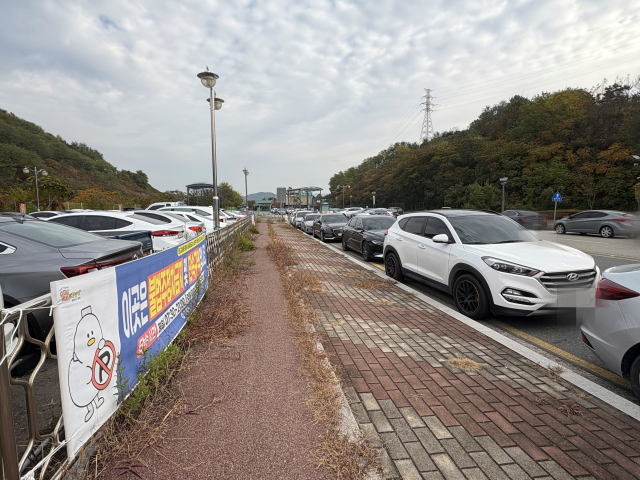 경남 김해시에 있는 KTX 진영역은 대중교통 소외지역인데 다 주차 공간도 부족해 불법 주차에 내몰린다는 민원이 꾸준히 제기된다. 도로 양쪽에 늘어선 불법 주차 차량과 단속을 경고하는 현수막이 나란히 자리하고 있다. 이경민 기자