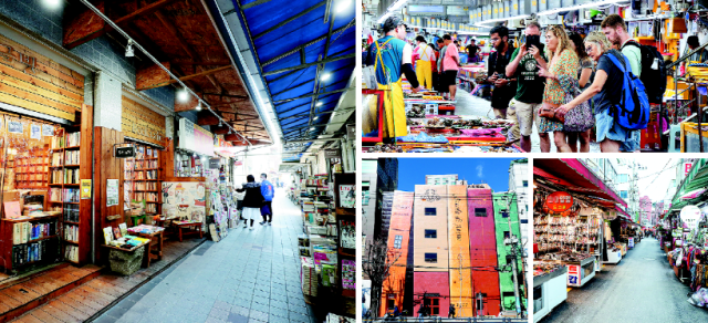 보수동 책방골목과 국제시장, 자갈치 등 부산 원도심 일대의 오래된 상점과 장인 공방을 보호해야 한다는 주장이 꾸준히 제기되고 있다. 부산 중구 보수동 책방골목 내 ‘우리글방’(왼쪽)과 복합문화공간 ‘아테네 학당’(가운데 아래). 외국인 관광객이 방문한 중구 자갈치시장(오른쪽 위)과 가게들이 늘어선 중구 국제시장 내 상가 골목. 부산일보 DB