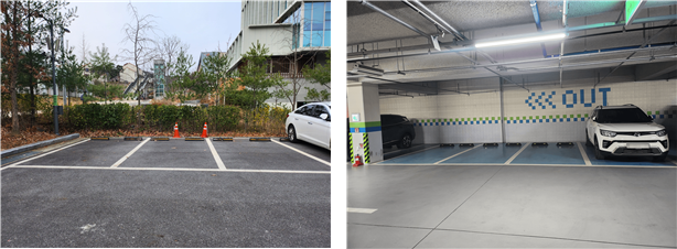 한국해양교통안전공단(KOMSA) 본사 주차장의 ‘차 없는 날’ 전경. 평소에는 이중주차가 잦을 정도로 혼잡하지만, 제도 시행일에는 교통약자·야간근무자 등 예외 차량을 제외한 대부분의 직원 차량이 없어 주차 공간이 비어 있다. KOMSA 제공