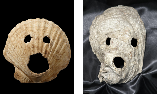 (왼쪽) 조개 가면(부산 동삼동 패총 유적 출토, 신석기시대, 국보, 국립중앙박물관 소장). (오른쪽) 조개 가면(일본 구마모토 아타카 패총(阿高貝塚) 유적 출토, 일 조몬시대, 일본 구마모토박물관 소장). 해수부 제공